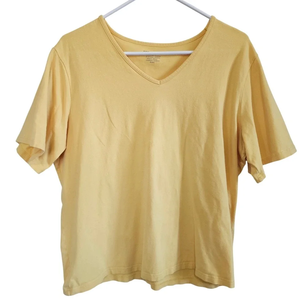 Hanes Nano-T Womens V-Neck T-Shirt Yellow Short Sleeve Cotton‎ Blend XL